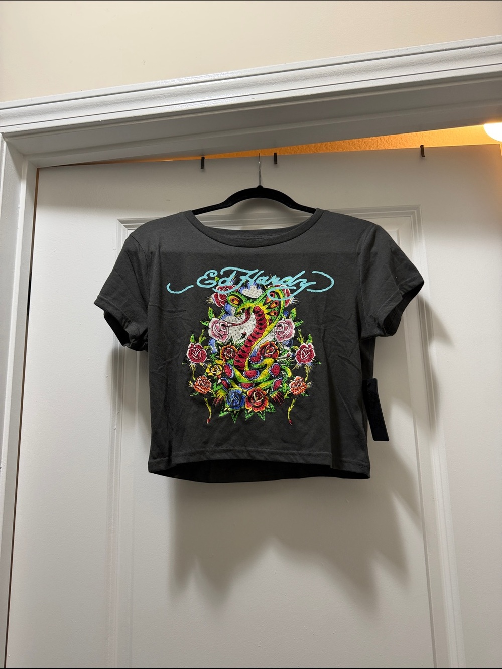 Ed Hardy Black Tee with Vibrant Multicolor Snake & Rose Graphic
